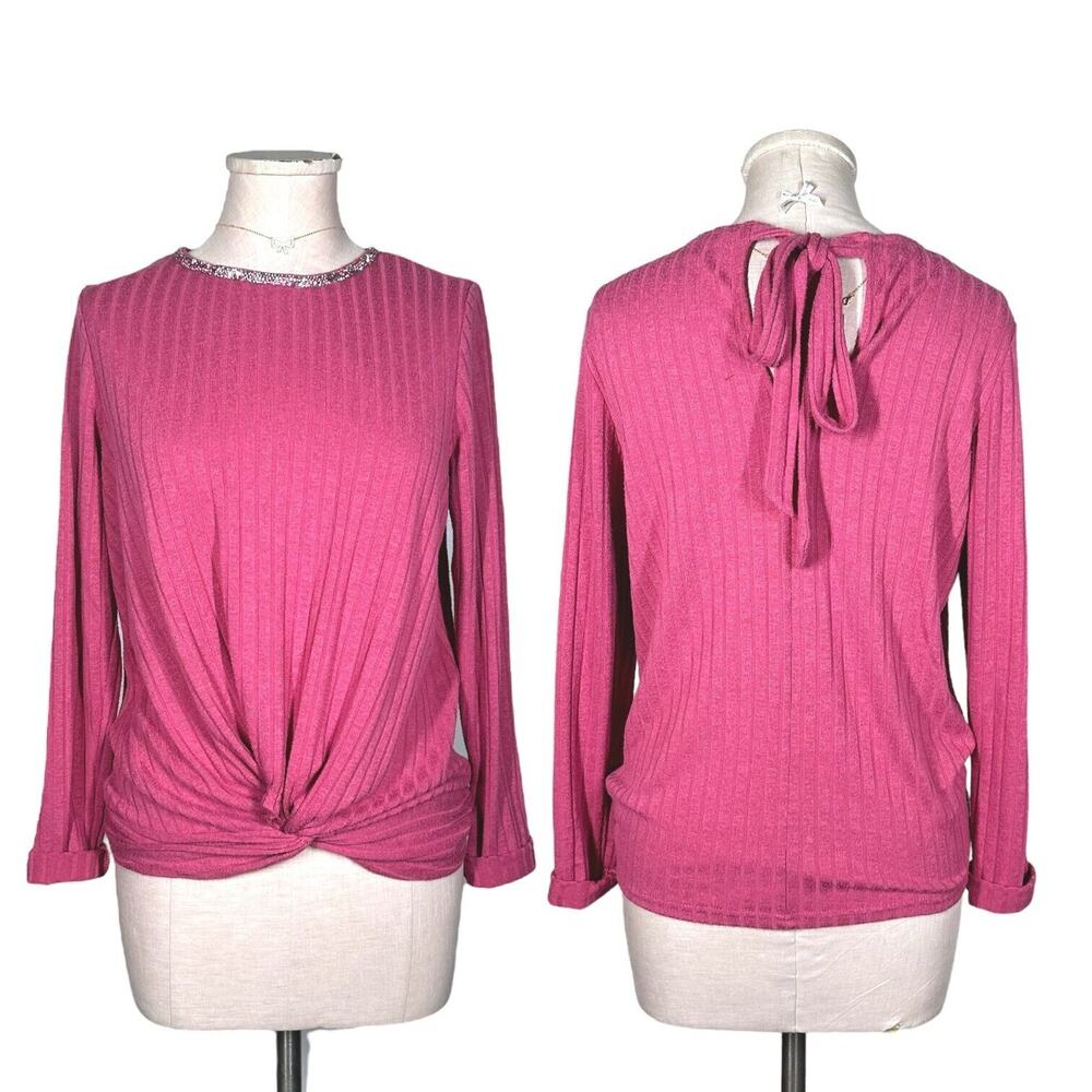 JUICY COUTURE Winter Shine Blouse Beaded Twist Tie Neck Top Ribbed Pink Medium